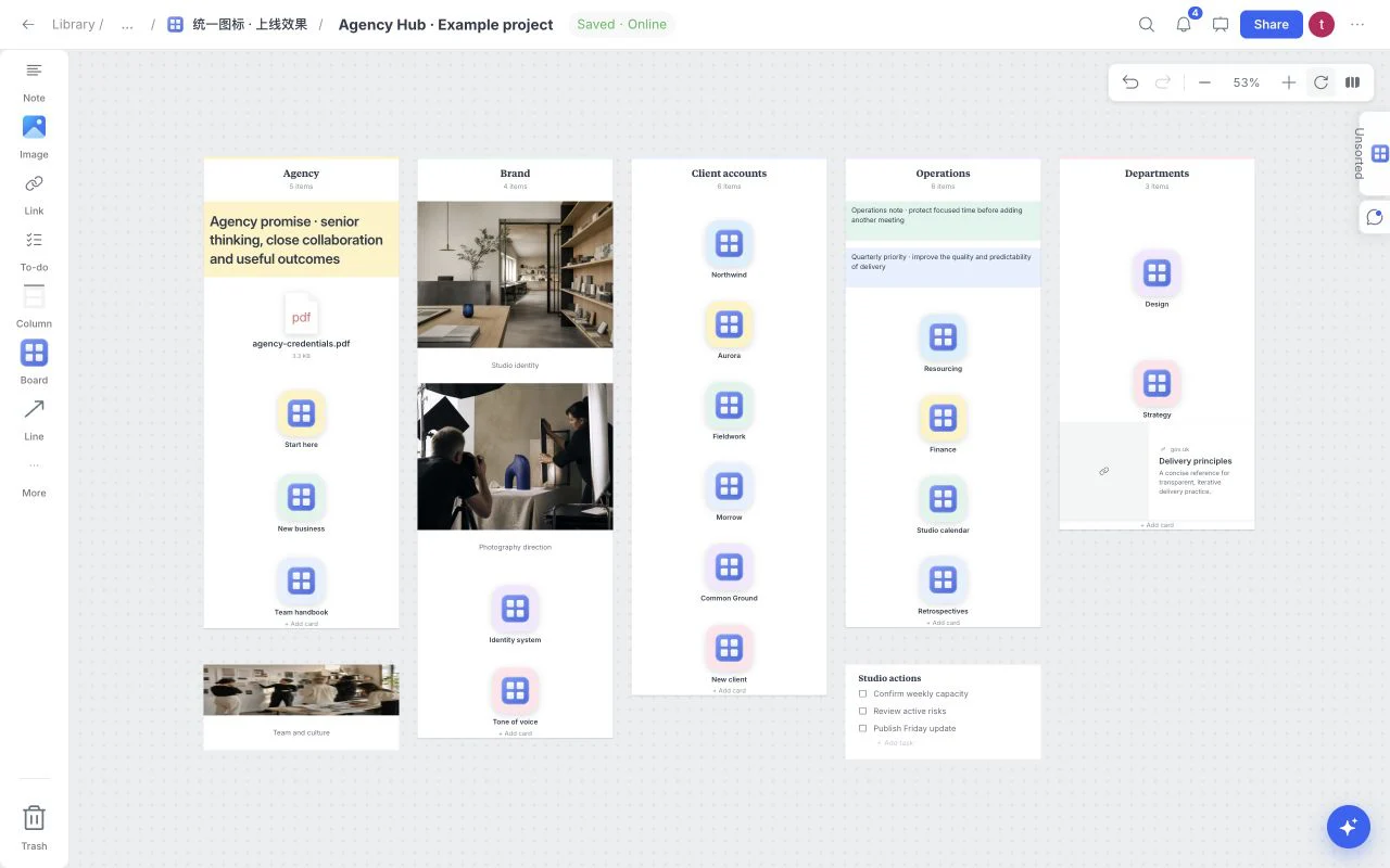 Actual Agency Hub template in Moodboard, with team workspaces, client boards, operations, departments