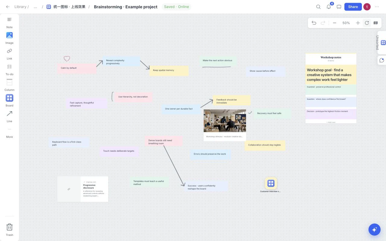 Actual Brainstorming template in Moodboard, with ideas, clusters, reference images, workshop notes