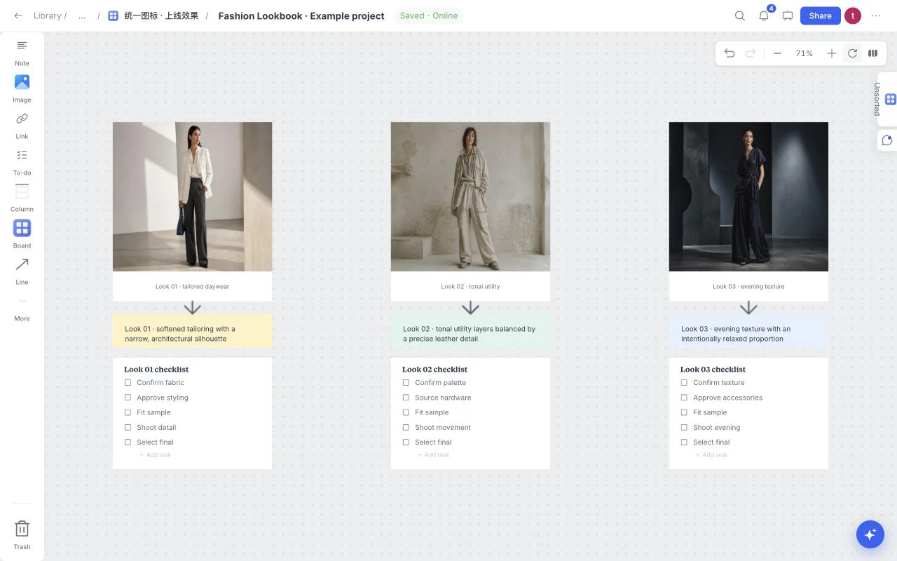 Actual Fashion Lookbook template in Moodboard, with three looks, reference images, look notes, preparation tasks