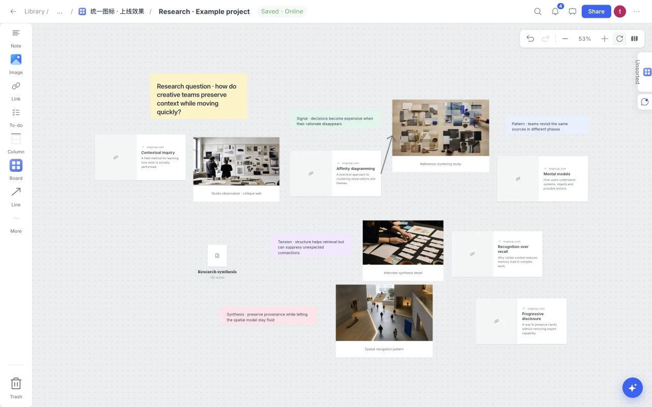 Actual Research template in Moodboard, with sources, observations, documents, connections