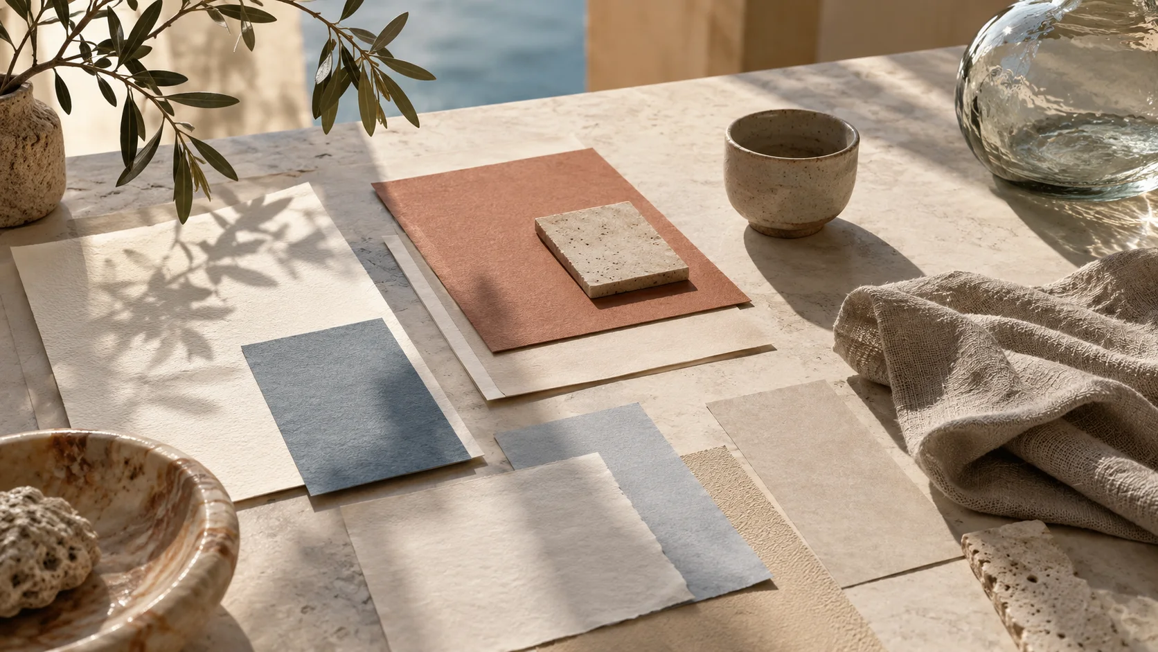 Original editorial study of mineral blue and terracotta paper, ceramics, linen and natural light
